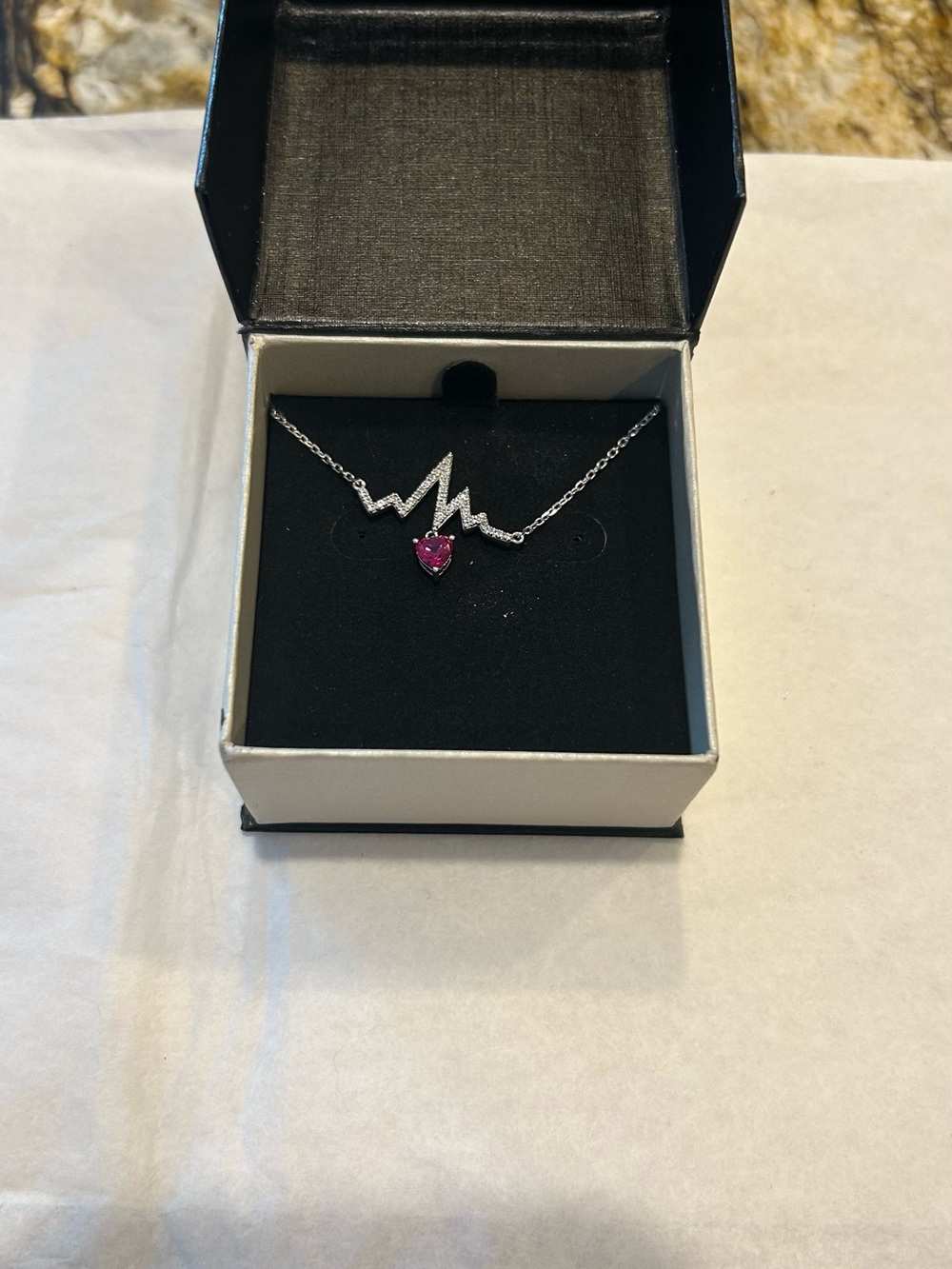Netaya Sterling Silver Heartbeat Necklace with White Sapphires&Ruby Heart Stone